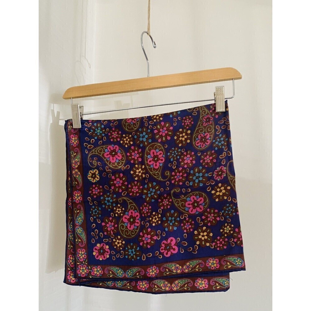 Polyester Vintage Paisley Blue Floral Square Handkerchief Head Scarf 26 X 26